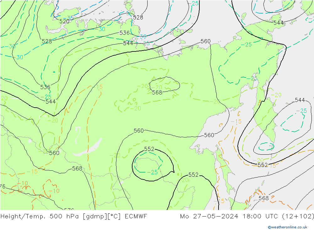 Z500/Rain (+SLP)/Z850 ECMWF Mo 27.05.2024 18 UTC