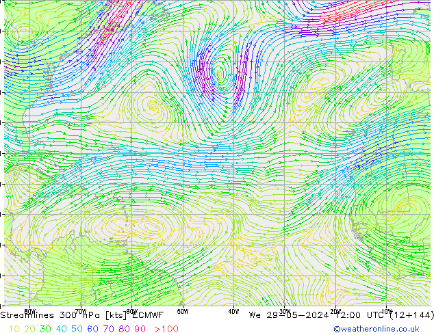 Linea di flusso 300 hPa ECMWF mer 29.05.2024 12 UTC