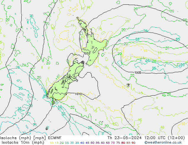 Isotachs (mph) ECMWF чт 23.05.2024 12 UTC
