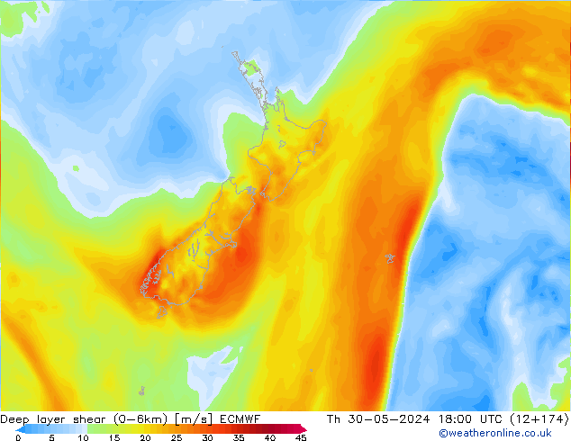 Deep layer shear (0-6km) ECMWF do 30.05.2024 18 UTC