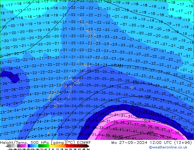 Z500/Rain (+SLP)/Z850 ECMWF  27.05.2024 12 UTC