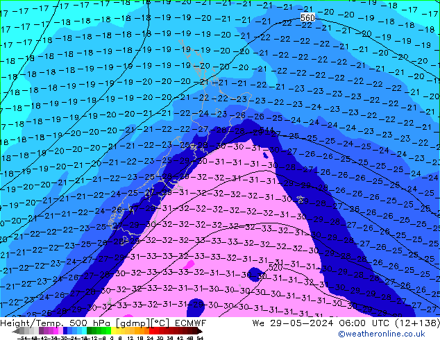 Z500/Rain (+SLP)/Z850 ECMWF We 29.05.2024 06 UTC