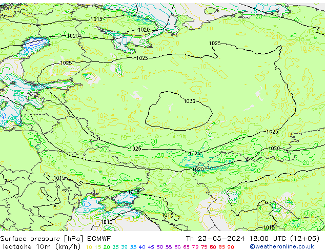 Isotaca (kph) ECMWF jue 23.05.2024 18 UTC