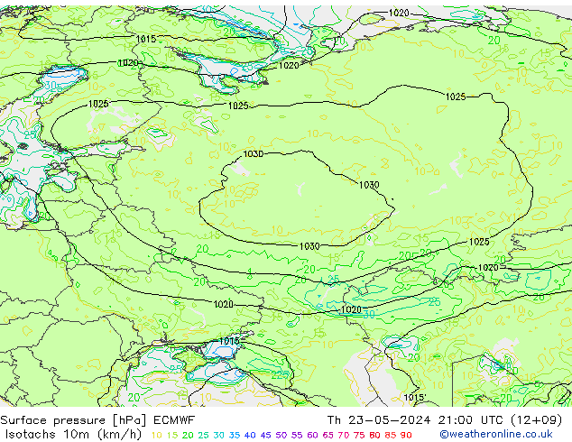 Isotachs (kph) ECMWF gio 23.05.2024 21 UTC