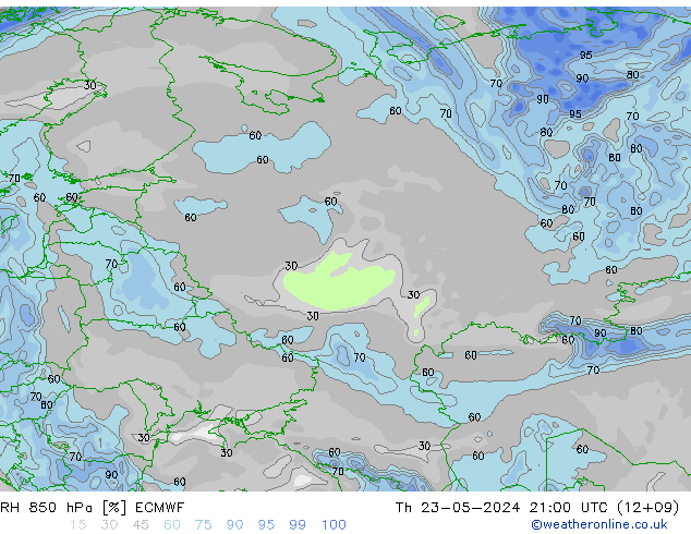 RH 850 hPa ECMWF Čt 23.05.2024 21 UTC