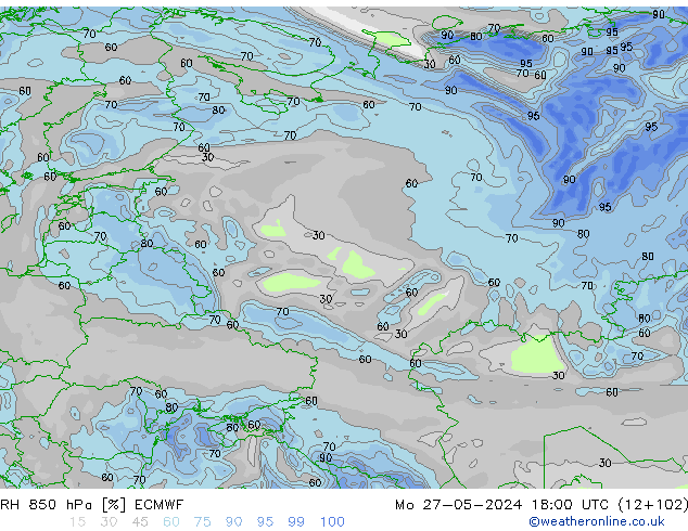RH 850 hPa ECMWF pon. 27.05.2024 18 UTC