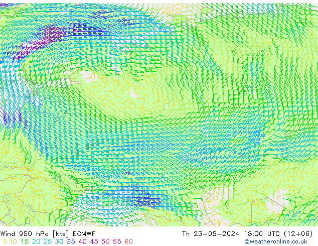 Prec 6h/Wind 10m/950 ECMWF Th 23.05.2024 18 UTC