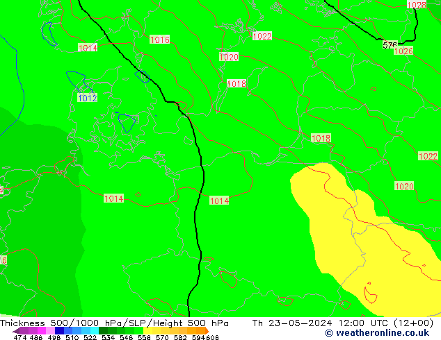 Thck 500-1000hPa ECMWF czw. 23.05.2024 12 UTC