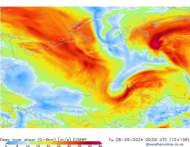 Deep layer shear (0-6km) ECMWF Sa 28.05.2024 00 UTC