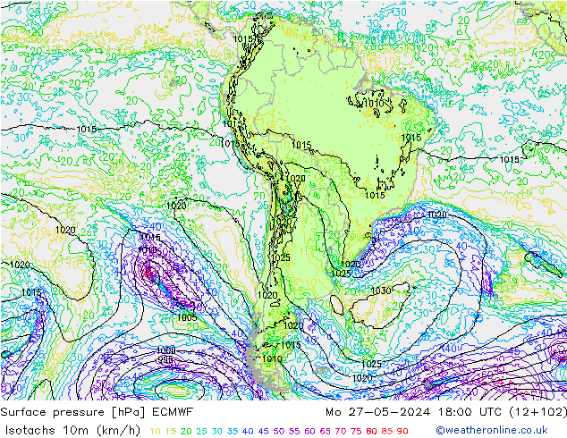 Isotachs (kph) ECMWF Mo 27.05.2024 18 UTC