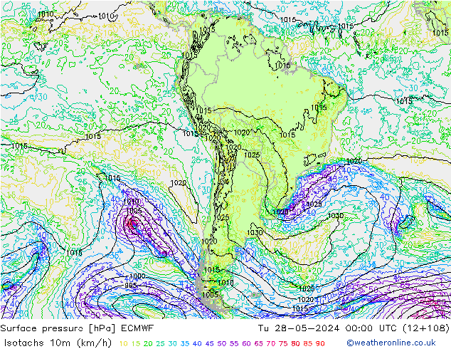 Izotacha (km/godz) ECMWF wto. 28.05.2024 00 UTC