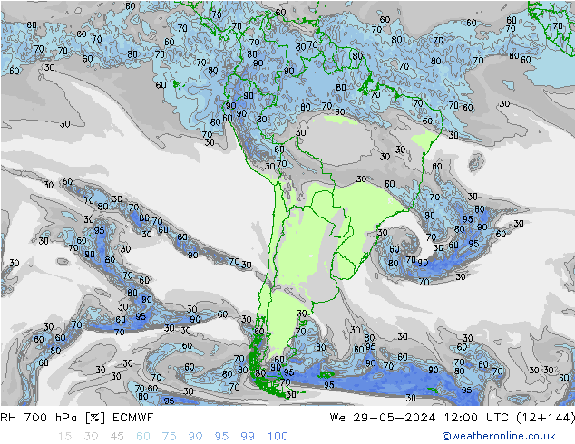 Humidité rel. 700 hPa ECMWF mer 29.05.2024 12 UTC