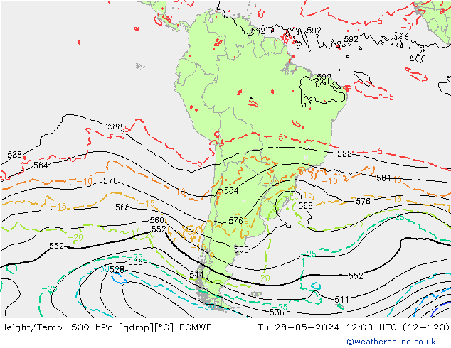 Z500/Rain (+SLP)/Z850 ECMWF wto. 28.05.2024 12 UTC