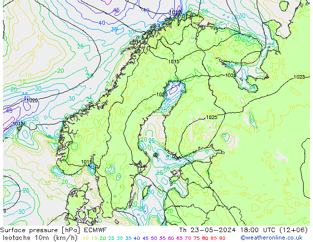 Isotachen (km/h) ECMWF Do 23.05.2024 18 UTC