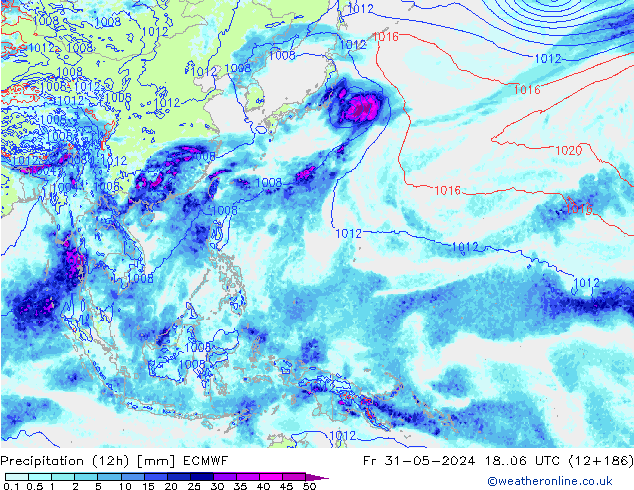 Totale neerslag (12h) ECMWF vr 31.05.2024 06 UTC