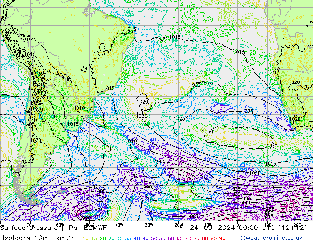 Isotachs (kph) ECMWF  24.05.2024 00 UTC