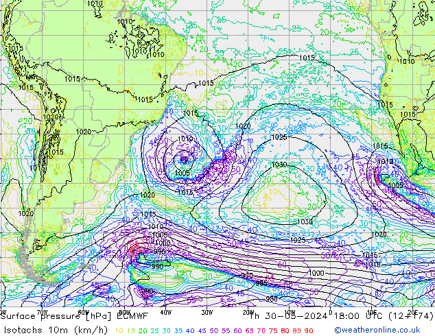 Isotachs (kph) ECMWF jeu 30.05.2024 18 UTC