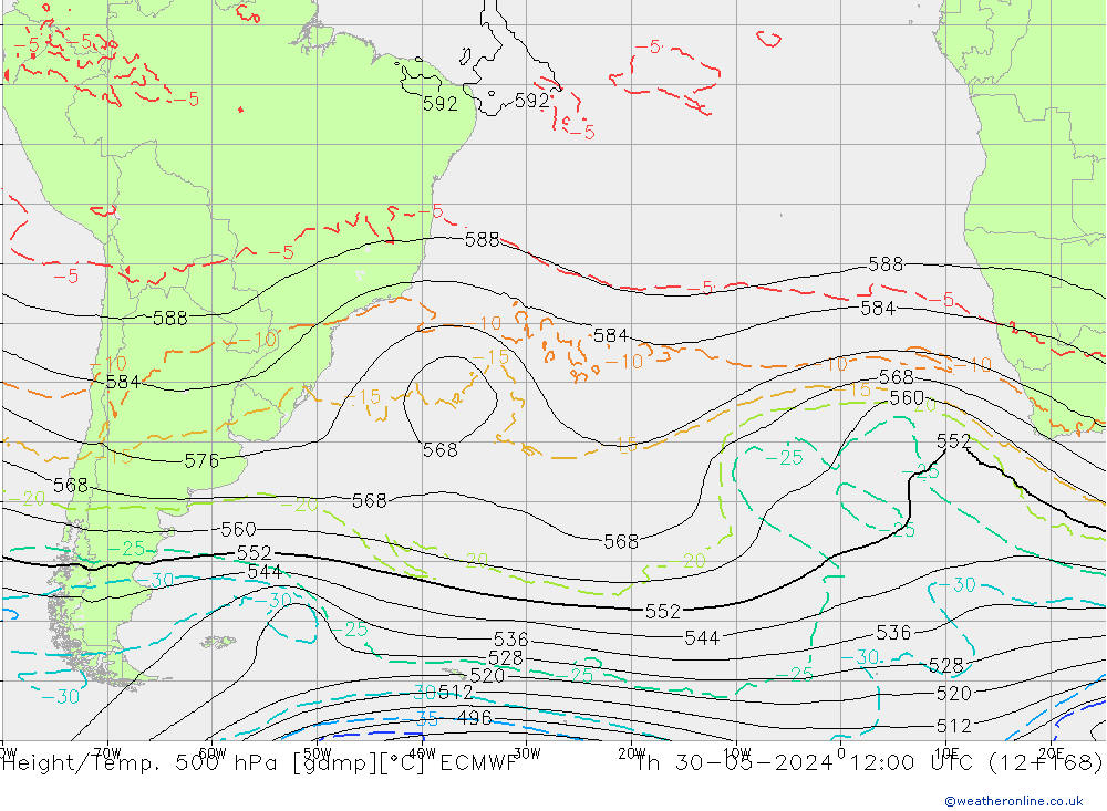 Z500/Rain (+SLP)/Z850 ECMWF Th 30.05.2024 12 UTC