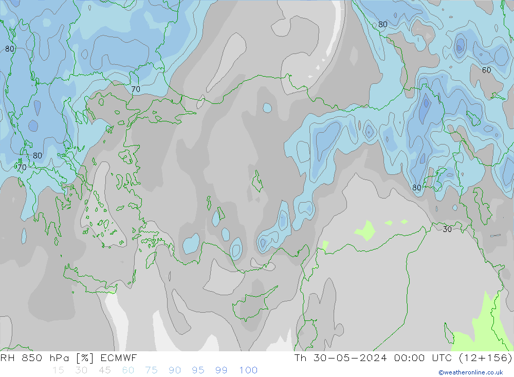 Humedad rel. 850hPa ECMWF jue 30.05.2024 00 UTC