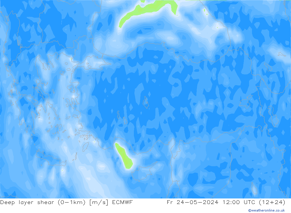 Deep layer shear (0-1km) ECMWF Pá 24.05.2024 12 UTC
