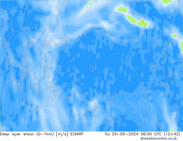 Deep layer shear (0-1km) ECMWF za 25.05.2024 06 UTC