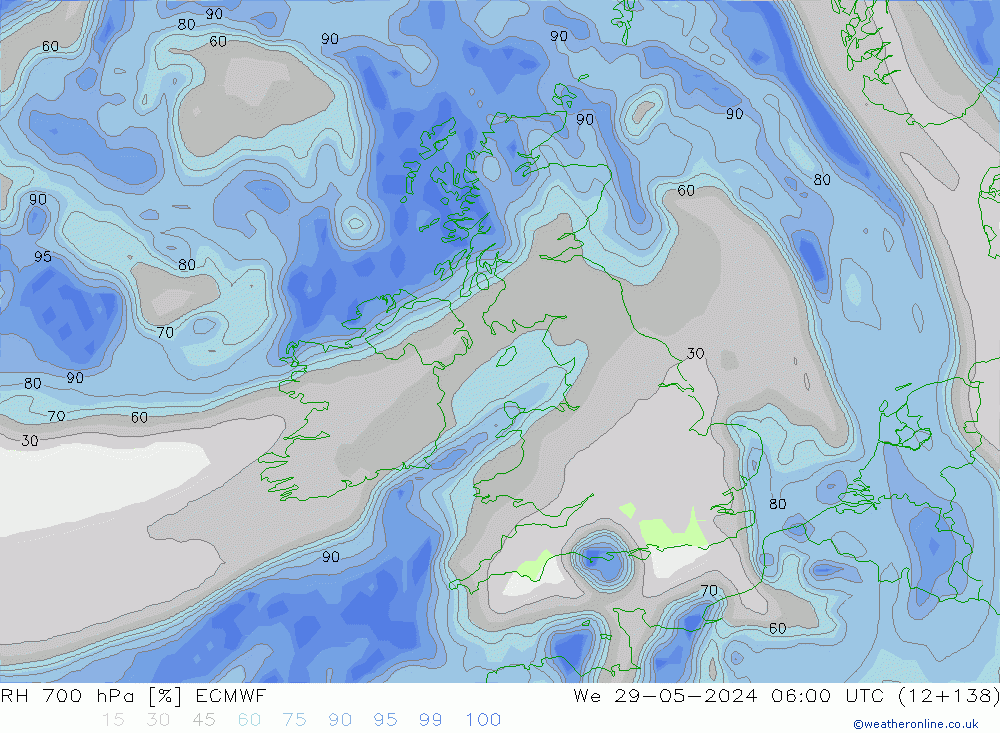 RH 700 hPa ECMWF Qua 29.05.2024 06 UTC