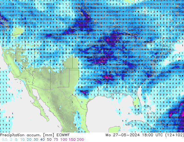 Precipitation accum. ECMWF Mo 27.05.2024 18 UTC