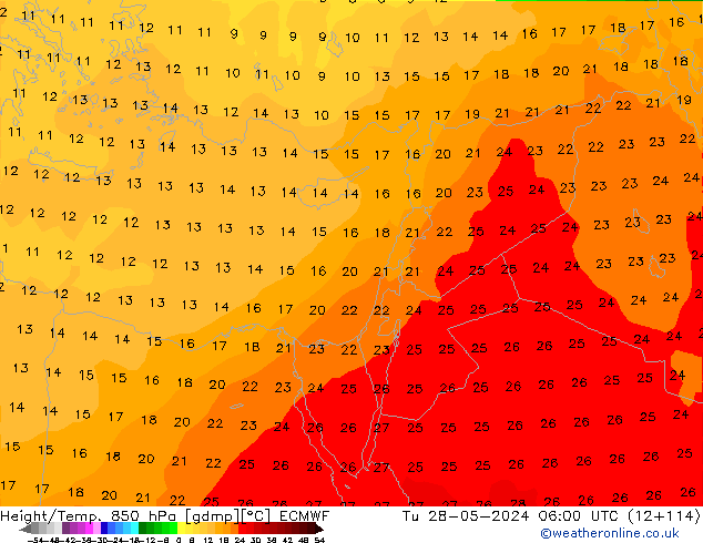 Height/Temp. 850 гПа ECMWF вт 28.05.2024 06 UTC