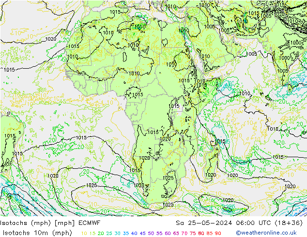 Isotachs (mph) ECMWF Sa 25.05.2024 06 UTC