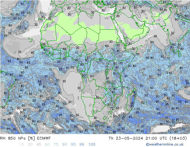 Humidité rel. 850 hPa ECMWF jeu 23.05.2024 21 UTC