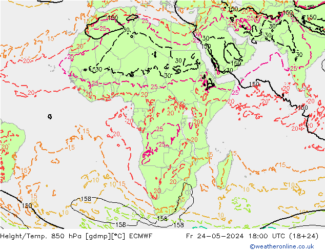 Hoogte/Temp. 850 hPa ECMWF vr 24.05.2024 18 UTC