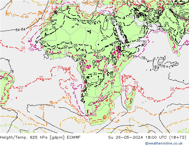 Height/Temp. 925 hPa ECMWF Su 26.05.2024 18 UTC