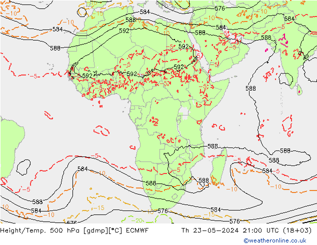 Height/Temp. 500 hPa ECMWF gio 23.05.2024 21 UTC