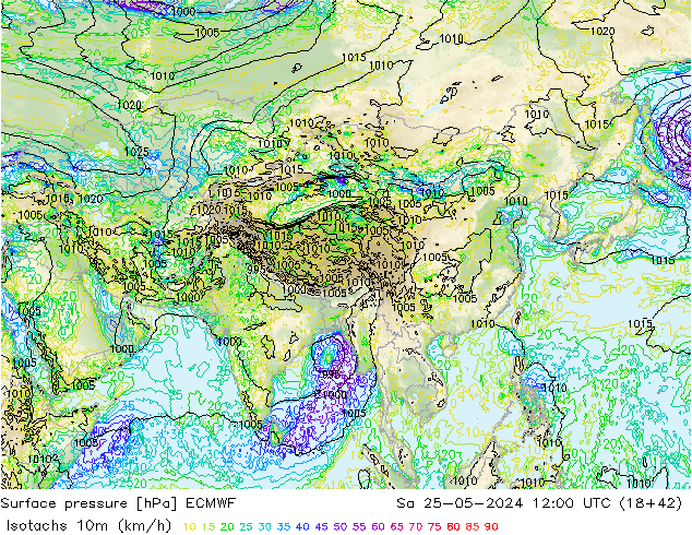 Isotachs (kph) ECMWF сб 25.05.2024 12 UTC