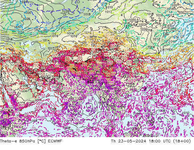 Theta-e 850hPa ECMWF Qui 23.05.2024 18 UTC