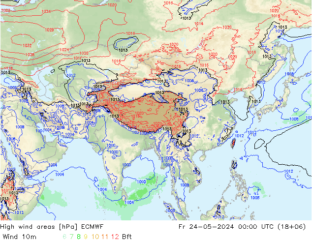 High wind areas ECMWF Pá 24.05.2024 00 UTC