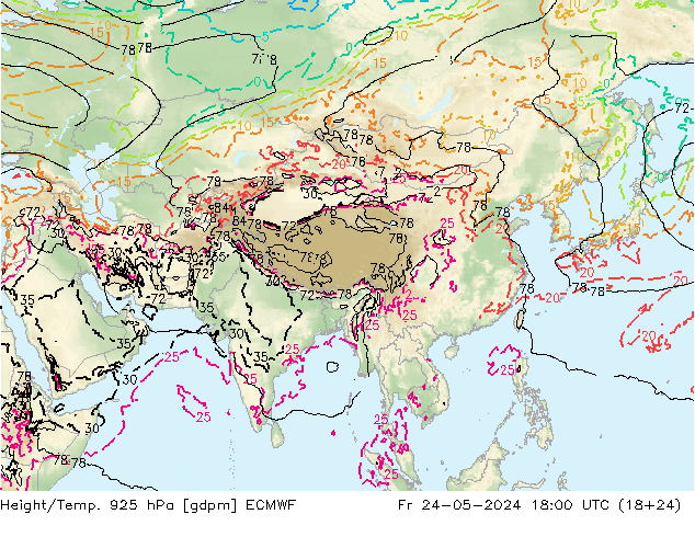 Height/Temp. 925 hPa ECMWF Fr 24.05.2024 18 UTC