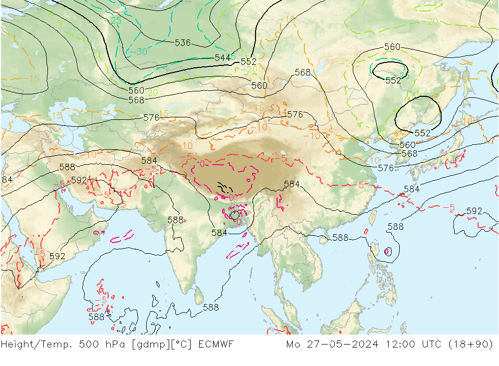 Height/Temp. 500 hPa ECMWF Mo 27.05.2024 12 UTC