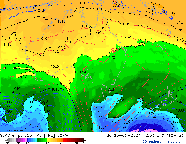 SLP/Temp. 850 hPa ECMWF Sa 25.05.2024 12 UTC