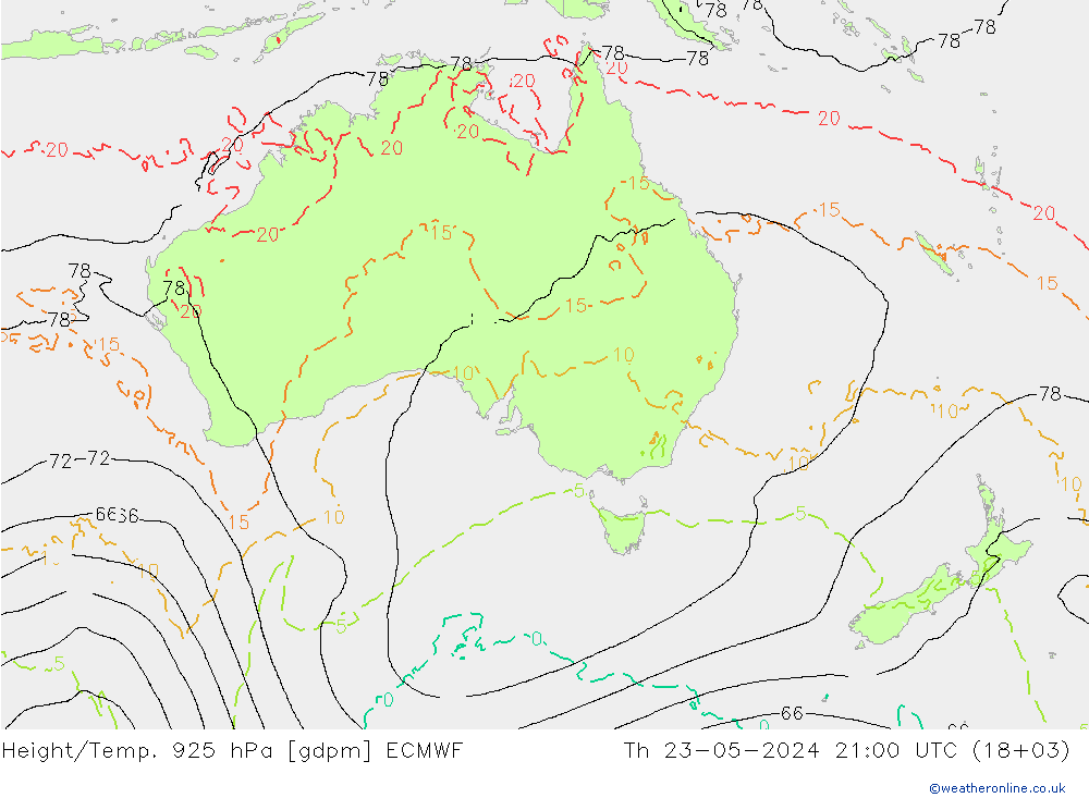 Height/Temp. 925 hPa ECMWF Th 23.05.2024 21 UTC