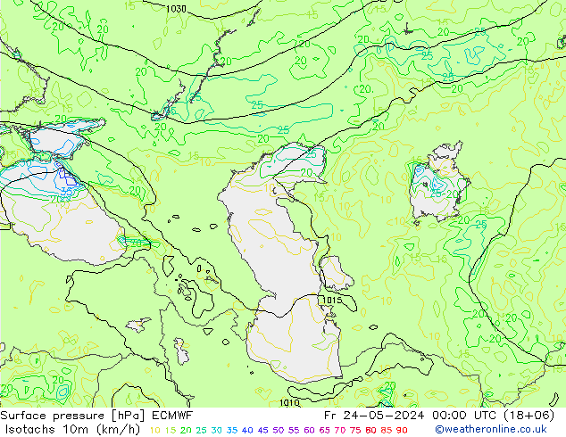 Isotachen (km/h) ECMWF Fr 24.05.2024 00 UTC