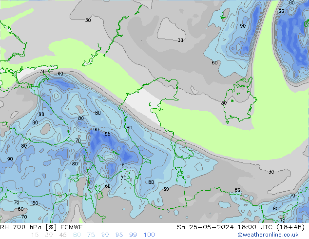 RH 700 hPa ECMWF Sa 25.05.2024 18 UTC