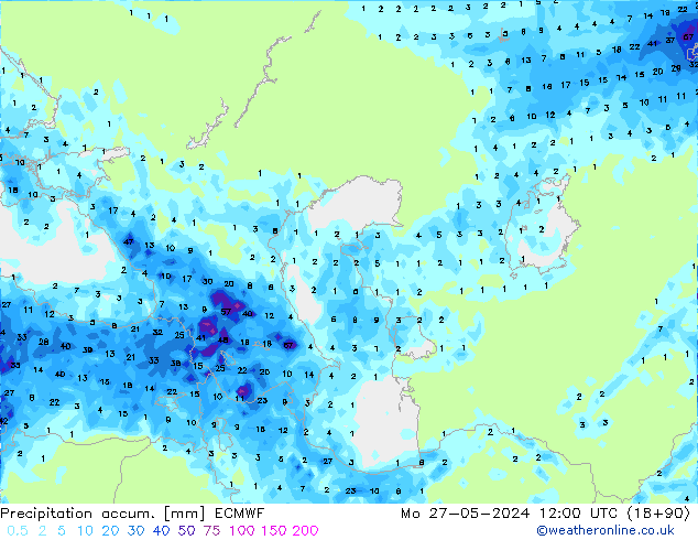 Precipitation accum. ECMWF Mo 27.05.2024 12 UTC