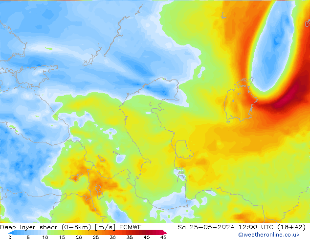 Deep layer shear (0-6km) ECMWF Sáb 25.05.2024 12 UTC