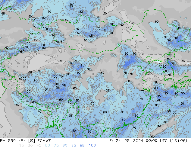 Humidité rel. 850 hPa ECMWF ven 24.05.2024 00 UTC