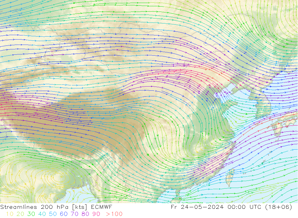 Stroomlijn 200 hPa ECMWF vr 24.05.2024 00 UTC