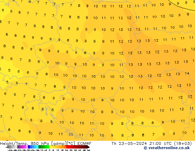 Height/Temp. 850 hPa ECMWF Th 23.05.2024 21 UTC