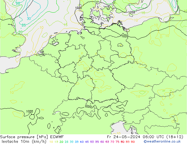 Isotachs (kph) ECMWF Fr 24.05.2024 06 UTC