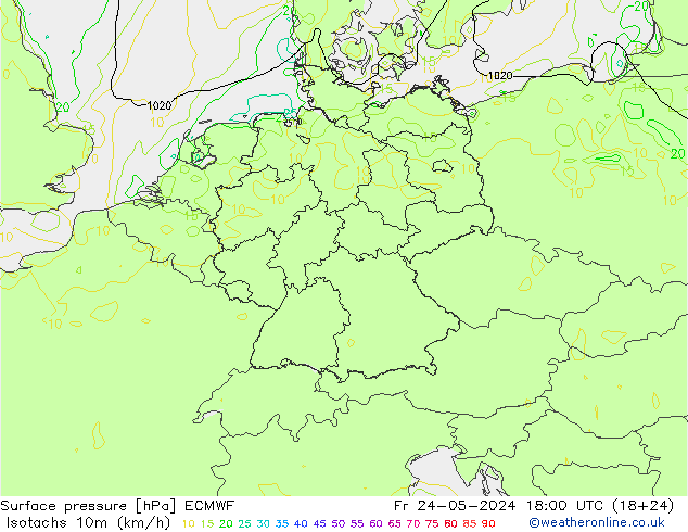 Isotachs (kph) ECMWF Sex 24.05.2024 18 UTC