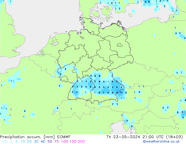 Precipitation accum. ECMWF 星期四 23.05.2024 21 UTC